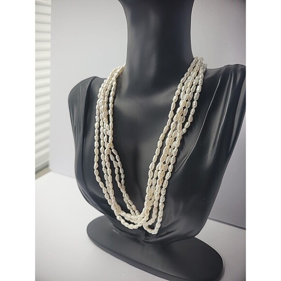 Vintage Necklace Multi Strand Beaded Gold Tone White Bead Slide Clasp Jewelry - Picture 5 of 12